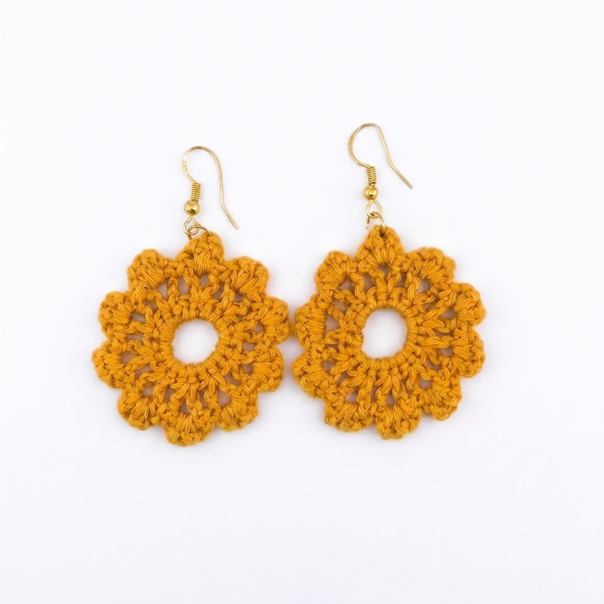 Mustard Yellow Crochet Flower Dangle Earrings